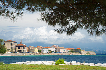 Plage Saint Francois the beach and the historic center of Ajaccio, Corsica, France, Europe