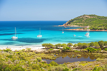 Rondinara bay seen from the side of the Prisarella pond, Corsica, France, Europe