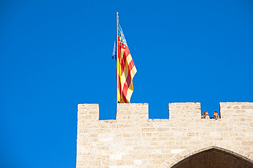 Flag And Tourist, Porta de Serrans, Plaça dels Furs, Valencia, Spain, Europe