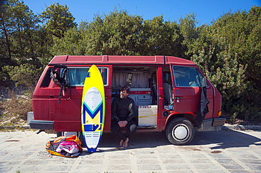 Camper; Is Solinas Beach, Masainas, Sardinia, Italy, EuropeMasainas; Solinas; Sardinia; Nature; Site; Sulcis; Visit; Flamingos; Kite; Zone; Sand; Dune; Beach; Coast; South-West; Wind; Horizontal; Vertical