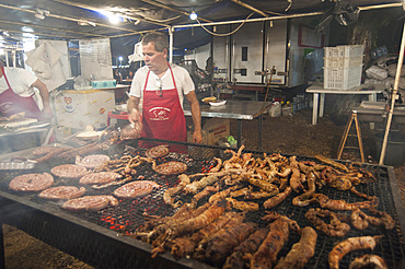 Sartizzu arrustiu rost Sausage, Cordula made up of braided and cooked kid or lamb intestines wrapped around a spit, typical Sardinia recipe, Campidano, Sardinia, Italy, Europe