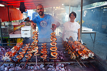 Cuttlefish and Eels on the spit, Typical Sardinia recipe, Feast of Santa Vitalia, Serrenti, Campidano, Sardinia, Italy, Europe,