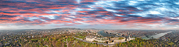 Panoramic aerial view of Budapest Citadel and city skyline at dusk, Hungary.