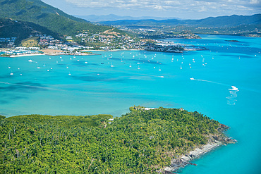 Airlie Beach coastline as seen from airplane.