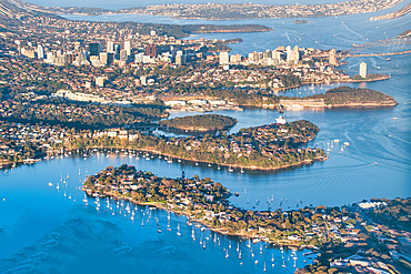 Aerial view of Sydney from an aircraft window.