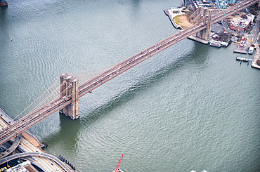 New York City from helicopter point of view. Brooklyn Bridge aerial view.