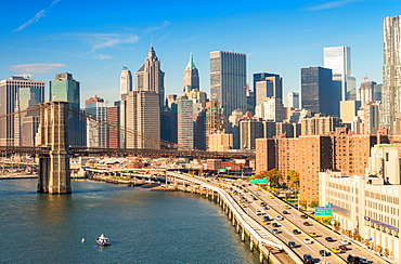 Aerial view of Downtown Manhattan at sunset, New York City.