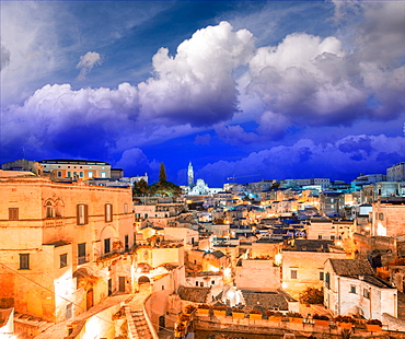 Matera panoramic aerial view at night, Basilicata, Italy.