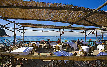 Capri restaurant on the beach, Capri island, Naples, Campania, Italy, Europe.