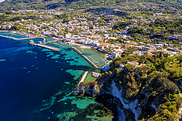 Aerial view, Il Fungo (mushroom) sea rock, Lacco Ameno, Ischia, Campania, Italy, Europe