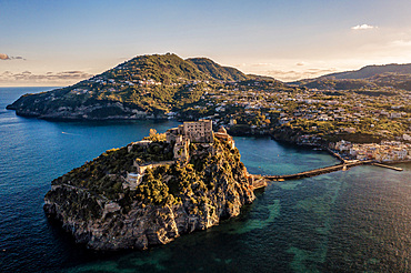 Aerial view, Aragonese Castle, Ischia Porto, Ischia island, Campania, Italy, Europe