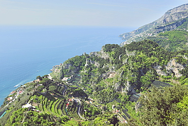 View of the Amalfi Coast photographed by one of the villa terraces. The direction is Positano, toward the Gulf of Naples, Ravello, Campania, Italy, Europe