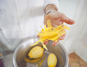 Production of traditional liqueur Limoncello in the distillery, laboratory and factory Il gusto della Costa, The taste of the coast owned by Valentino Esposito, Positano, Amalfi coast, Campania, Italy, Europe