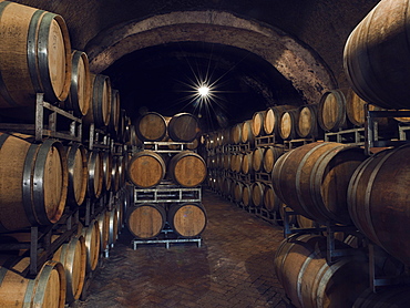 Ancient wine cellars located inside tufa caves. It is one of the cellars owned by the winery "Cantine del Notaio", one of the most important wine producers in southern Italy, Rionero in Vulture, Basilicata, Italy, Europe