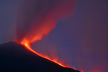 Night eruption of Etna volcano seen from Zafferana Etnea village, Etna National Park, UNESCO, World Heritage Site, Sicily, Italy, Europe