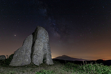 Milky Way constellation and the megaliths of Argimusco, Montalbano Elicona, Sicily, Italy, Europe