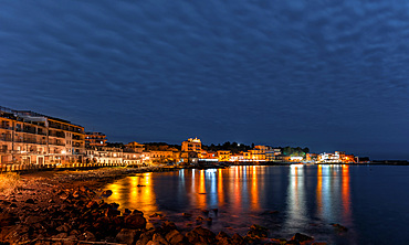 Night panorama on the Marinaio village of Capo Mulini, located south of Acireale, Sicily, Acireale, Catania, Italy, Borgo Marinaro