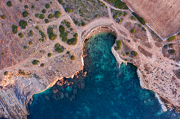 Aerial view, Pillirina. The legend of the Pillirina or the Pellegrina ( pilgrim )is connected to a cave located on Punta del Gigante, the extremity of the Maddalena Peninsula, reachable through the paths from via Capo Passero, Sicily, Italy, Europe