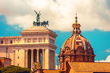 Beautiful panorama view on Altar of the Fatherland and Church of Santi Luca and Martina, Rome, Italy, Europe