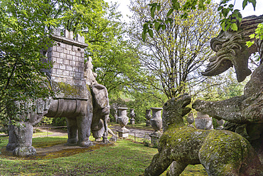 Dragon and Elephant, the Sacro Bosco, Sacred Grove colloquially called Park of the Monsters, XVI century, Parco dei Mostri in Italian, Bomarzo, Lazio, Italy, Europe