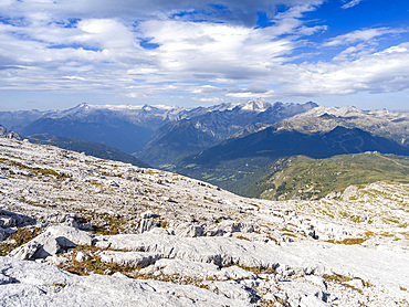 View over Val Rendena towards Adamello group. The Brenta Dolomites, listed as UNESCO world heritage Dolomites. Europe, Italy, Trentino, Val Rendena