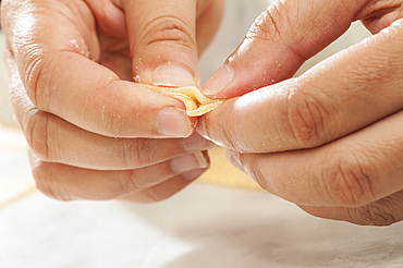 Making fresh tortelli by hand. Italy