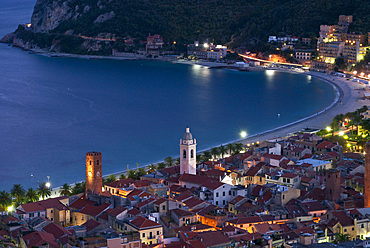 View on the village of Noli from the ruins of the Castle of Monte Ursino. Noli, Savona, Liguria, Italy