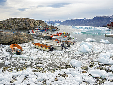 The harbour. The town Uummannaq in the north of West Greenland, located on an island in the Uummannaq Fjord System. America, North America, Greenland