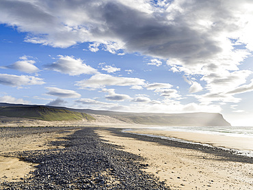 The sandy beach at Breidavik. The remote Westfjords (Vestfirdir) in north west Iceland. Europe, Scandinavia, Iceland