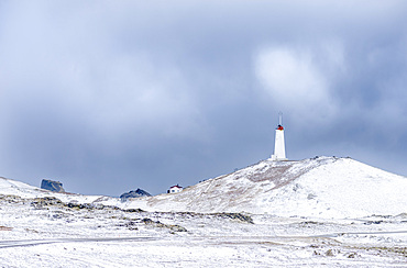 Lighthouse Reykjanesviti on Reykjanes peninsula during winter. Northern Europe, Scandinavia, Iceland, February