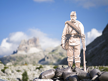 Figure of an austrian soldier. Fort Tre Sassi at Passo di Valparola in the dolomites. Tre Sassi dates back to world war one and is now museum. Europe, Central Europe, Italy