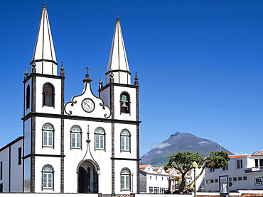 Village Madalena, the church. Pico Island, an island in the Azores (Ilhas dos Acores) in the Atlantic ocean. The Azores are an autonomous region of Portugal. Europe, Portugal, Azores