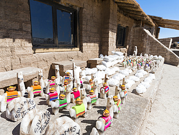 Salt processing area open to visitors, typical curios. The salt flats Salar Salinas Grandes in the Altiplano. South America, Argentina