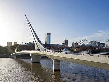 Puente de la Mujer a rotating footbridge designed by architect Stantiago Calatrava. Puerto Madero, the modern living quarter around the old docks of Buenos Aires. Buenos Aires, capital of Argentina. South America, Argentina, Buenos Aires, November