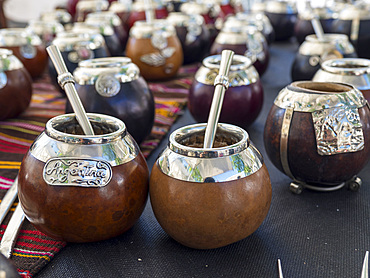 Bombilla and gourd for drinking mate. Plazoleta Julio Cortazar also called Plaza Serrano in quarter Palermo. Buenos Aires, the capital of Argentina. South America, Argentina, November