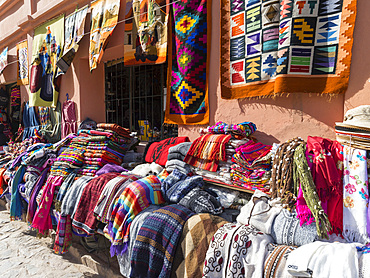 Market for tourists. Village Purmamarca in the canyon Quebrada de Humahuaca. The Quebrada is listed as UNESCO world heritage site. South America, Argentina, November