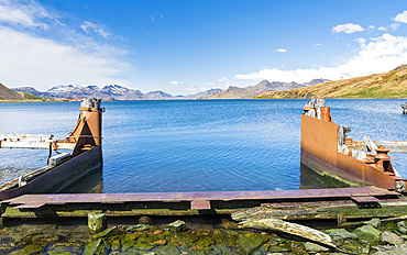 The former Flensing Plan. Grytviken Whaling Station in South Georgia. Grytviken is open to visitors, but most walls and roofs of the factory have been demolished for safety reasons. Antarctica, Subantarctica, South Georgia, October