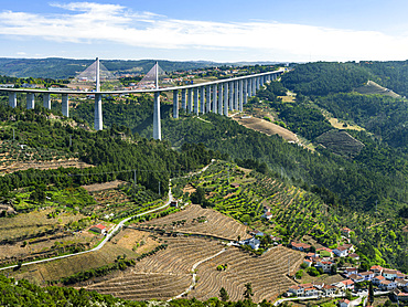 Motorway bridge crossing Rio Corgo near Vila Real in the Alto Douro. The valley of river Douro. It is the wine growing area Alto Douro and listed as UNESCO World heritage. Europe, Southern Europe, Portugal Europe, Southern Europe, Portugal, June