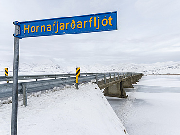 Bridge over the frozen river Hornafjardarfljot. europe, northern europe, iceland, February