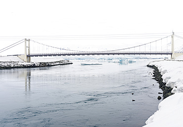 The bridge of the Ring Road at the glacial lagoon Joekulsarlon in the Vatnajoekull NP during winter. europe, northern europe, iceland, February