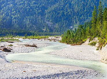 Creek Rissbach, one of the few wild braided rivers in Germany, near village Vorderriss in the Karwendel Mountains. Europe, Germany, Bavaria