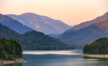 Reservoir Lake Sylvenstein near Bad Toelz in the Karwendel mountains. The river Isar is the main tributary. Germany, Bavaria, Upper Bavaria