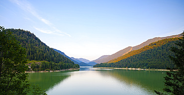 Reservoir Lake Sylvenstein near Bad Toelz in the Karwendel mountains. The river Isar is the main tributary. Germany, Bavaria, Upper Bavaria