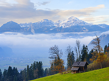 View towards valley Inntal and the Rofan mountain range. Valley Zillertal near Fuegen during autumn. Europe, Austria, Tyrol