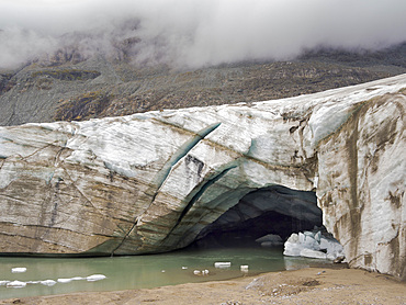 Glacier snout of glacier Pasterze at Mount Grossglockner, which is melting extremely fast due to global warming. Europe, Austria, Carinthia