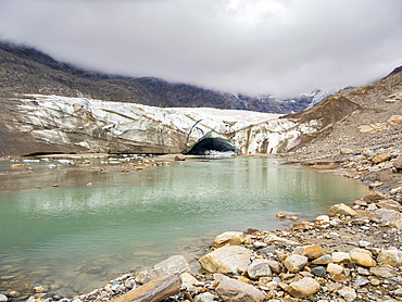 Glacier snout of glacier Pasterze at Mount Grossglockner, which is melting extremely fast due to global warming. Europe, Austria, Carinthia