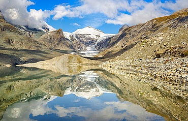 Mount Johannisberg and glacier Pasterze at Mount Grossglockner, which is melting extremely fast due to global warming. Europe, Austria, Carinthia