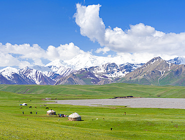 Traditional yurt in the Alaj valley with the Transalai mountains in the background. The Pamir Mountains, Asia, Central Asia, Kyrgyzstan