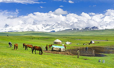 Traditional yurt in the Alaj valley with the Transalai mountains with Pik Kurumdy (6614) in the background. The Pamir Mountains, Asia, Central Asia, Kyrgyzstan