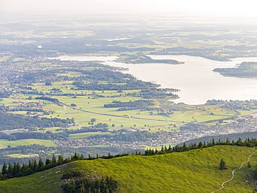 View towards lake Chiemsee and the foothills of the Alps near Rosenheim and Prien. Europe, Germany, Bavaria